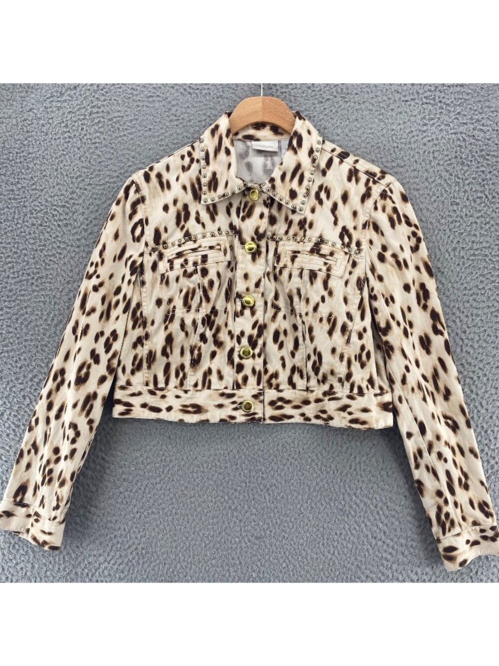 Chicos Jacket Womens 1 US Medium Petite Brown Leopard Print Denim Cropped Studs